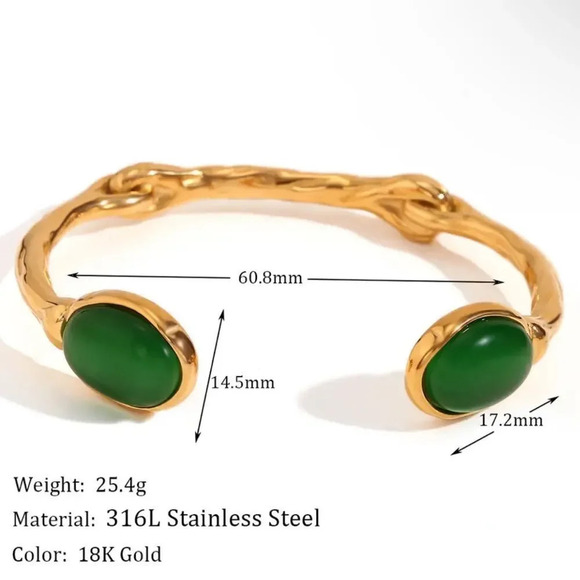 Selena Green Cat Eye Agate 18K Gold Stainless Steel Waterproof Cuff Bracelet - Picture 11 of 17